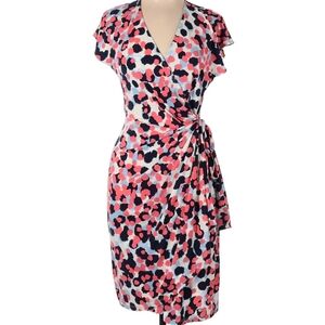 MAGGY LONDON Wrap Dress Pink and Blue Dot Pattern Career Evening Sz 10 EUC
